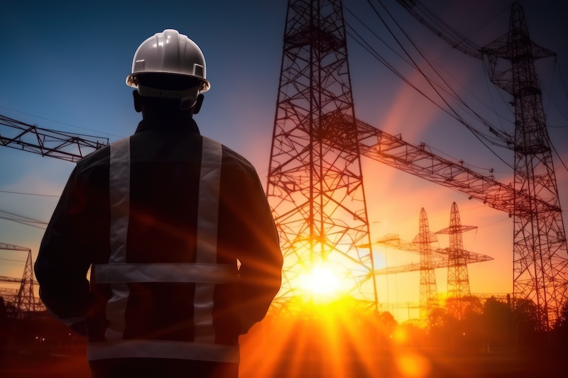 homme sur un chantier devant un poteau électrique